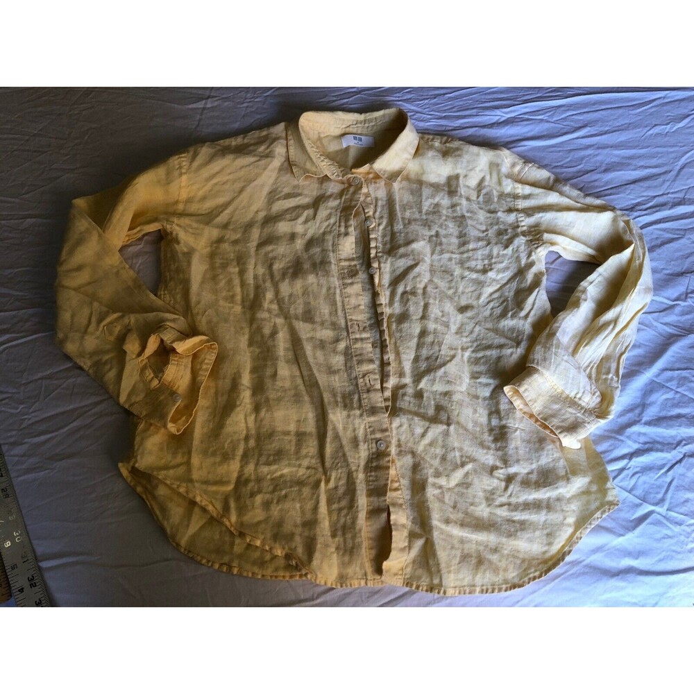 Uniqlo Womens 100% Linen Button Down Shirt Top Medium L Long Sleeve